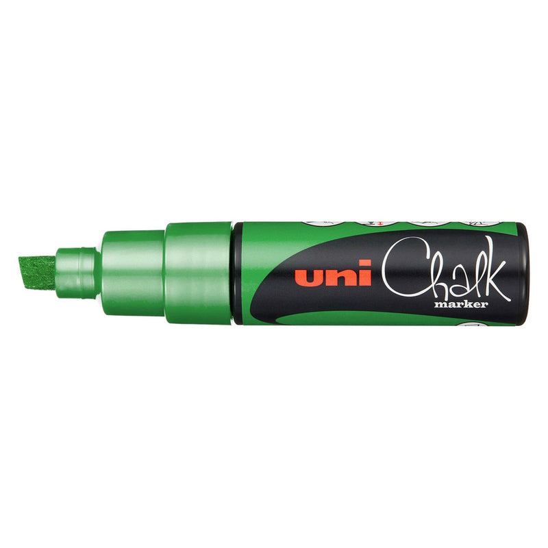 Uni PWE-8K liquid chalk marker in fluorescent green, capped, with a bright green barrel, green chisel nib and the black uni Chalk marker label