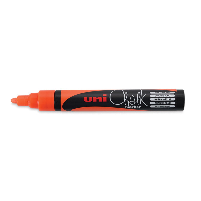 Uni Chalk PWE-5M marker in fluorescent orange shown without its cap, with the orange bullet nib, orange barrel band and Fluo Orange printed in five languages