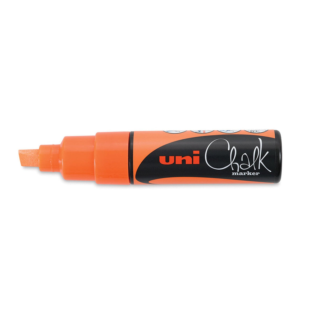 Uni PWE-8K liquid chalk marker in fluorescent orange, capped, showing the orange barrel, orange chisel nib and black uni Chalk marker label