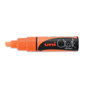 Uni PWE-8K liquid chalk marker in fluorescent orange, capped, showing the orange barrel, orange chisel nib and black uni Chalk marker label