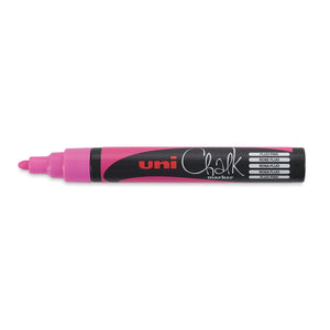 Uni Chalk PWE-5M marker in fluorescent pink with the cap off, showing the pink bullet nib, a pink barrel band and Fluo Pink printed in five languages