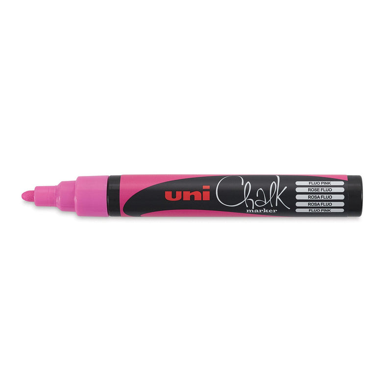 Uni Chalk PWE-5M marker in fluorescent pink with the cap off, showing the pink bullet nib, a pink barrel band and Fluo Pink printed in five languages