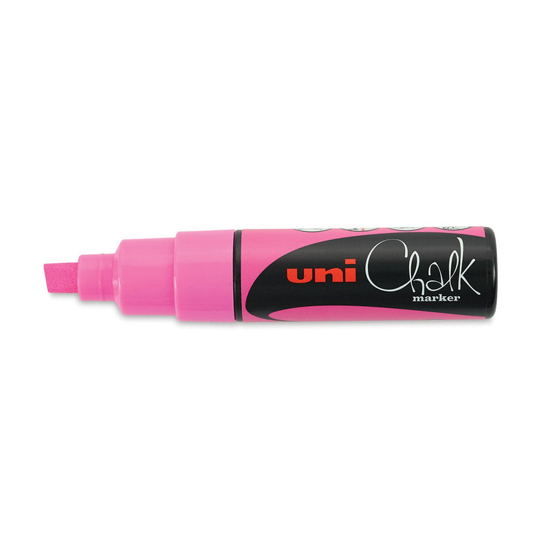 Uni PWE-8K liquid chalk marker in fluorescent pink, capped, showing a bright pink barrel and chisel nib under the black uni Chalk marker label