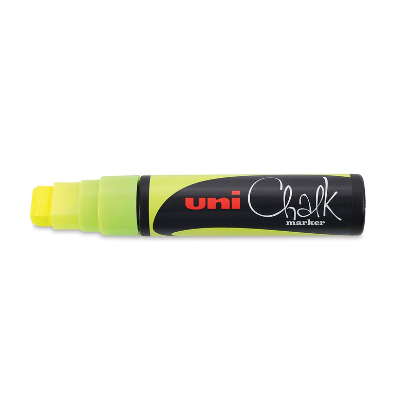 Uni PWE-17K liquid chalk marker in fluorescent yellow, uncapped, showing the wide yellow chisel tip and translucent yellow section on a black barrel