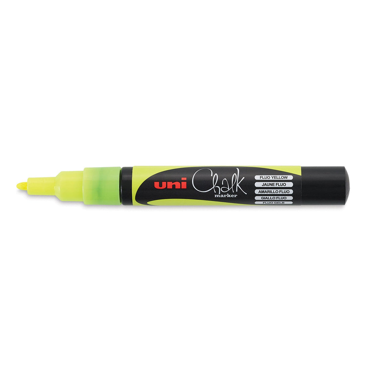 Uni PWE-3MS liquid chalk marker in fluorescent yellow, lying flat with the fine yellow bullet tip uncapped and the fluo yellow colour label