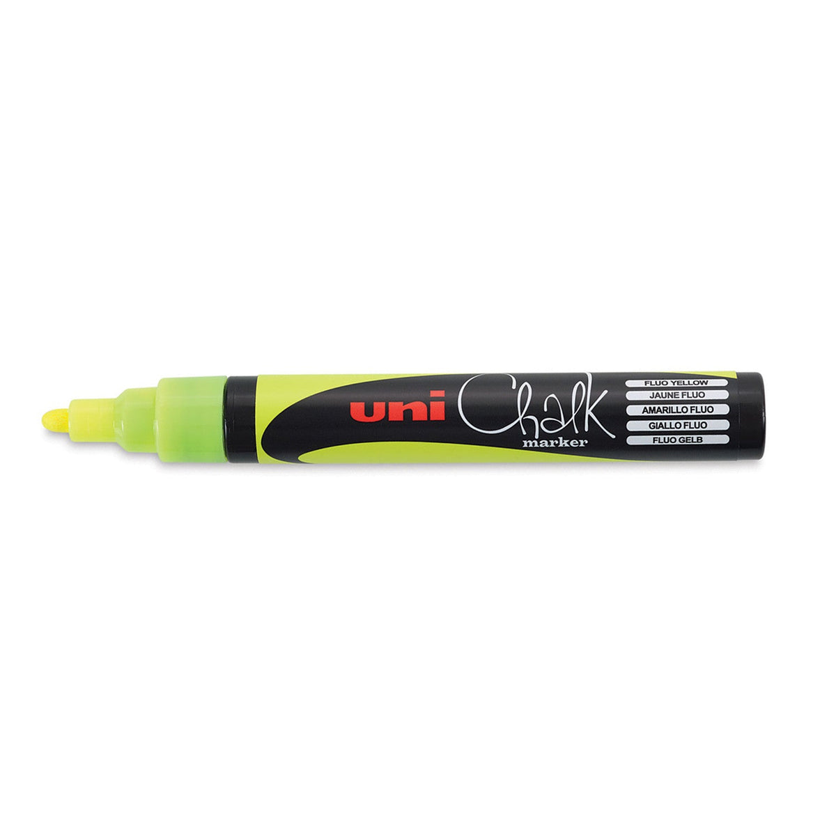 Uni Chalk PWE-5M marker in fluorescent yellow with the cap removed, showing the yellow bullet nib, a yellow barrel band and Fluo Yellow printed in five languages