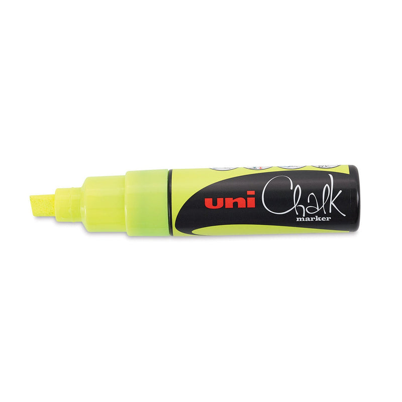 Uni PWE-8K liquid chalk marker in fluorescent yellow, capped, showing a pale yellow barrel and chisel nib with the black uni Chalk marker label band