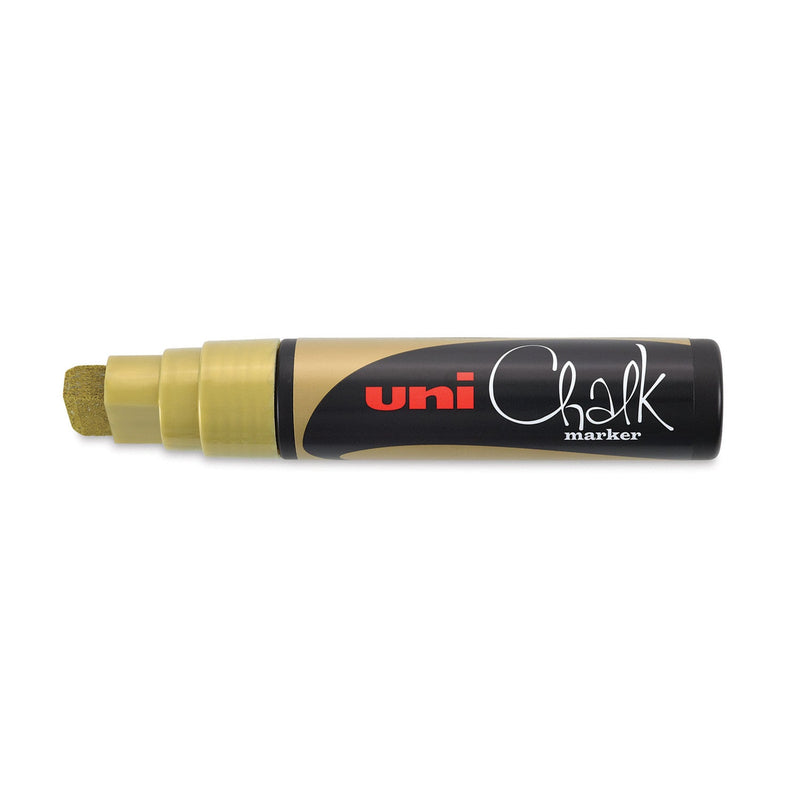 Uni PWE-17K liquid chalk marker in metallic gold, uncapped to show the broad gold chisel tip and gold band against the black barrel