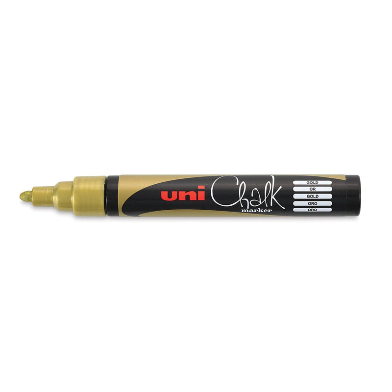 Uni Chalk PWE-5M gold liquid chalk marker without its cap, gold bullet tip and grip, black barrel with a gold stripe and a label reading Gold, Or and Oro