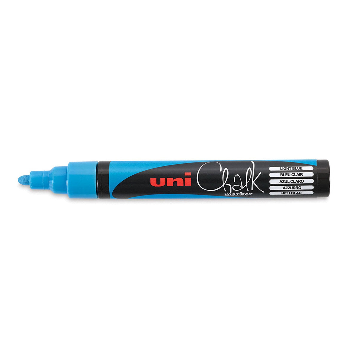 Uni Chalk PWE-5M marker in light blue with the cap removed, showing the pale blue bullet nib, light blue barrel band and Light Blue printed in five languages
