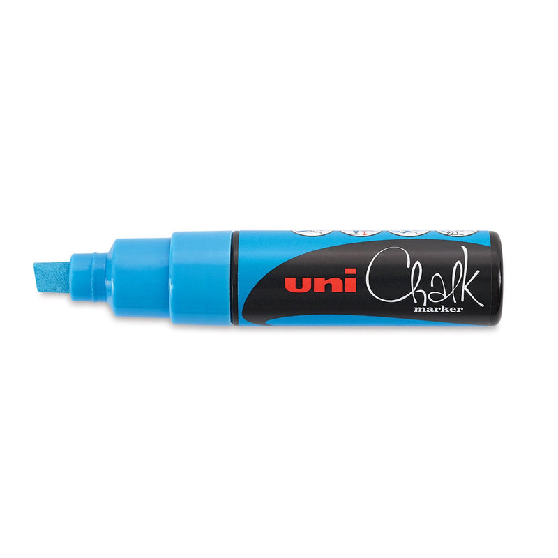 Uni PWE-8K liquid chalk marker in light blue, capped, with a pale blue barrel and chisel nib and the black uni Chalk marker label band