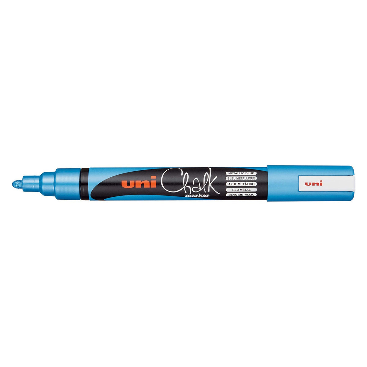 Uni Chalk PWE-5M marker in metallic blue with the cap posted on the end, showing the blue bullet nib and Metallic Blue printed on the barrel in five languages