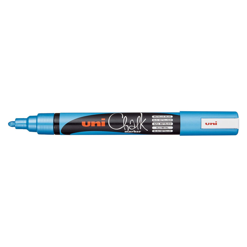 Uni Chalk PWE-5M marker in metallic blue with the cap posted on the end, showing the blue bullet nib and Metallic Blue printed on the barrel in five languages