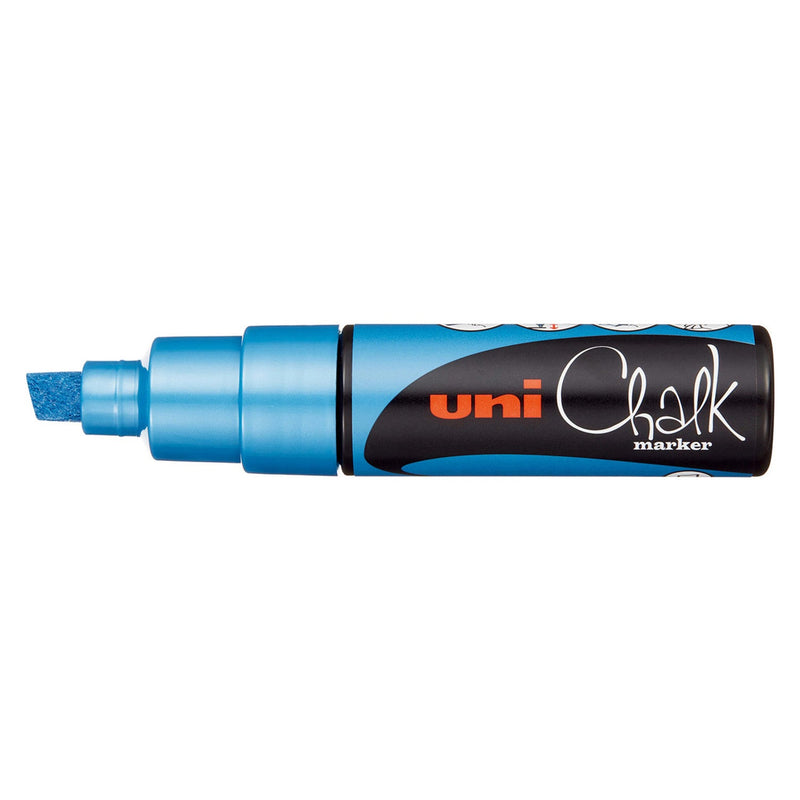 Uni PWE-8K liquid chalk marker in metallic blue, capped, with a shimmering blue barrel, broad chisel nib and black uni Chalk marker label band