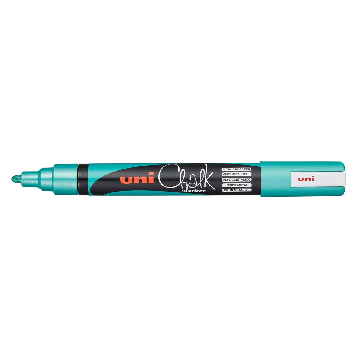 Uni Chalk PWE-5M marker in metallic green with the cap posted on the end, showing a shimmering green bullet nib and Metallic Green printed on the barrel in five languages