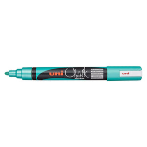 Uni Chalk PWE-5M marker in metallic green with the cap posted on the end, showing a shimmering green bullet nib and Metallic Green printed on the barrel in five languages