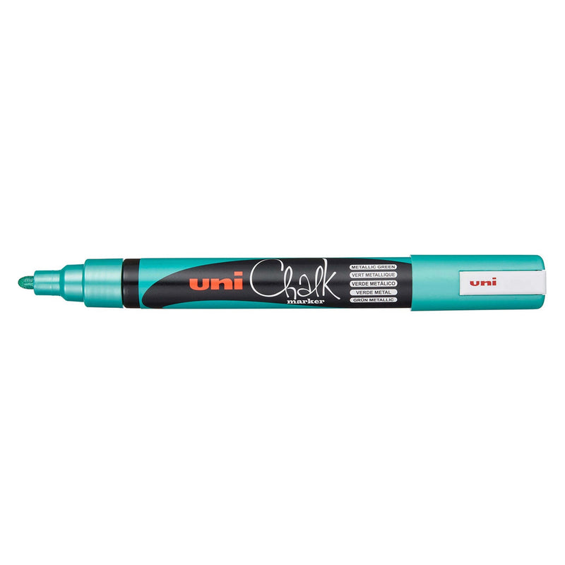 Uni Chalk PWE-5M marker in metallic green with the cap posted on the end, showing a shimmering green bullet nib and Metallic Green printed on the barrel in five languages