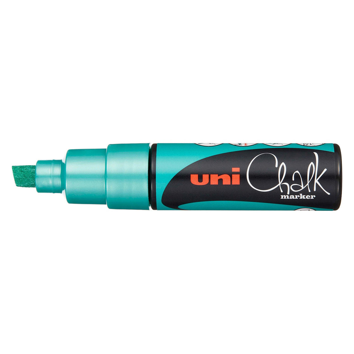 Uni PWE-8K liquid chalk marker in metallic green, capped, with a shimmering blue-green barrel, matching chisel nib and black uni Chalk marker label