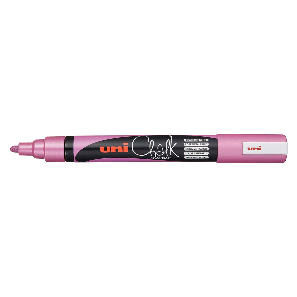 Uni Chalk PWE-5M marker in metallic pink with the cap posted on the end, showing a shimmering pink bullet nib and Metallic Pink printed on the barrel in five languages
