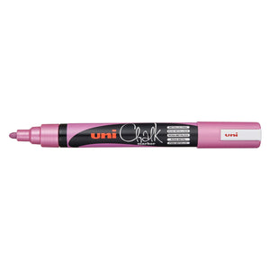 Uni Chalk PWE-5M marker in metallic pink with the cap posted on the end, showing a shimmering pink bullet nib and Metallic Pink printed on the barrel in five languages