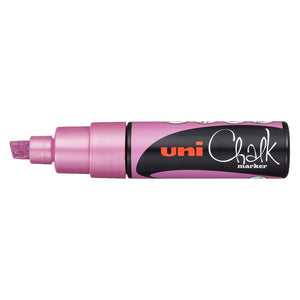 Uni PWE-8K liquid chalk marker in metallic pink, capped, showing a pearly pink barrel and chisel nib below the black uni Chalk marker label band
