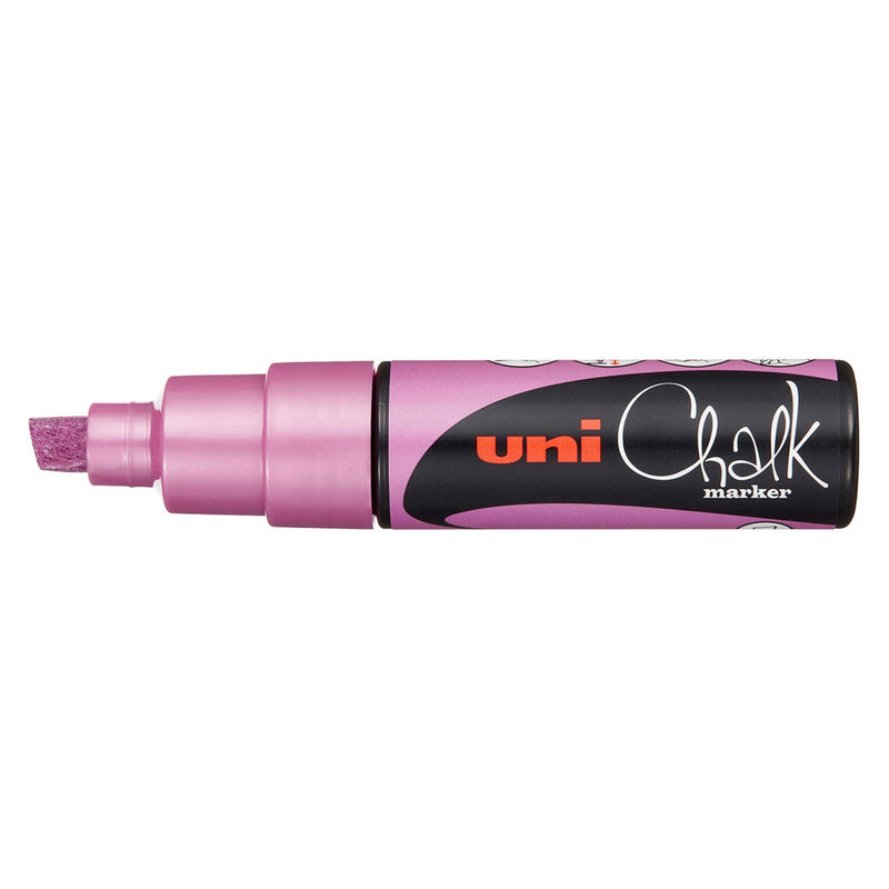 Uni PWE-8K liquid chalk marker in metallic pink, capped, showing a pearly pink barrel and chisel nib below the black uni Chalk marker label band
