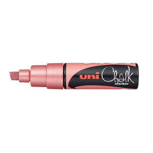 Uni PWE-8K liquid chalk marker in metallic red, capped, with the chisel tip pointing left and a rosy metallic red collar below the uni Chalk label