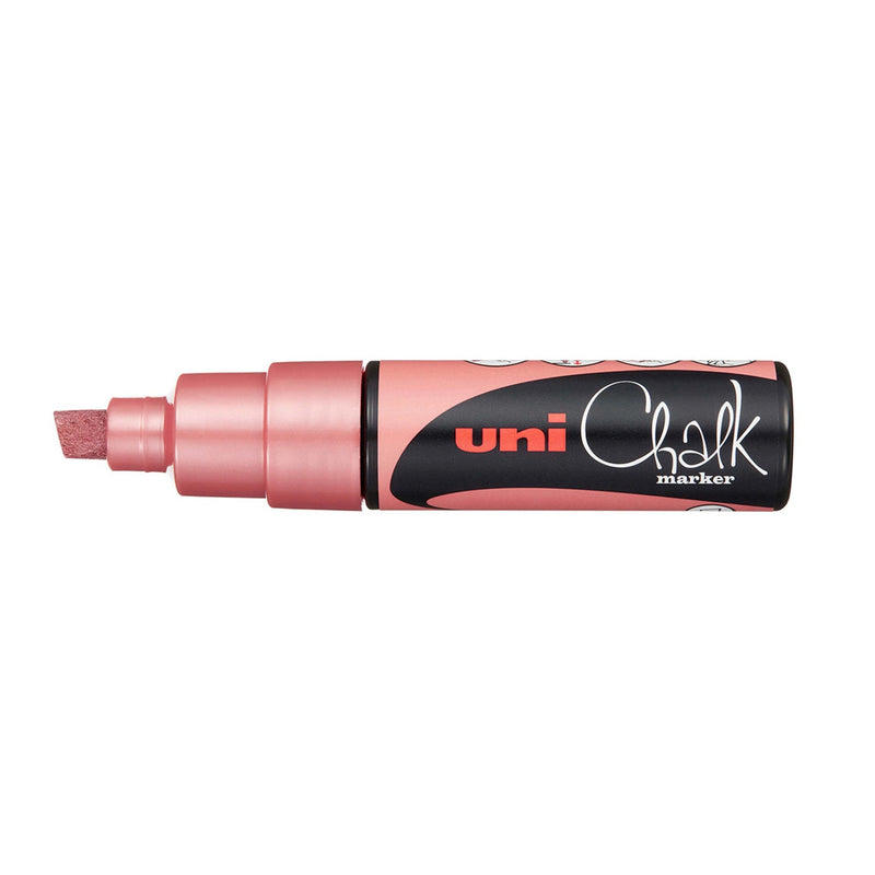 Uni PWE-8K liquid chalk marker in metallic red, capped, with the chisel tip pointing left and a rosy metallic red collar below the uni Chalk label