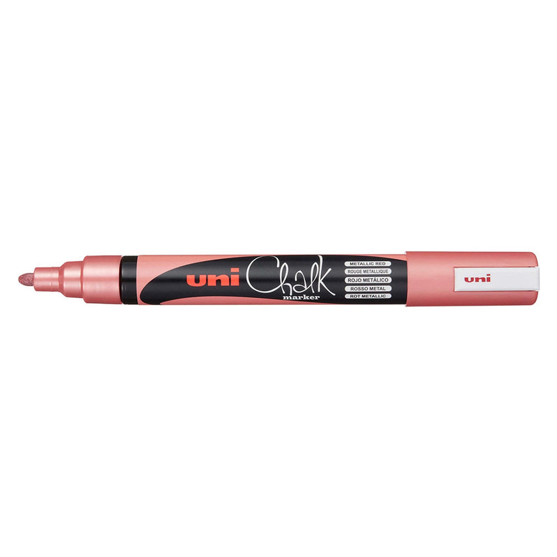 Single Uni Chalk PWE-5M marker with a rosy metallic red barrel and matching cap, bullet tip showing, label reading Metallic Red in five languages