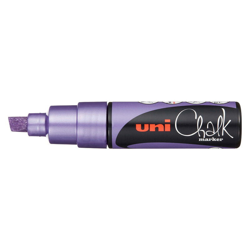 Uni PWE-8K liquid chalk marker in metallic violet, capped, showing the 8mm chisel tip, the violet collar and the black uni Chalk marker label