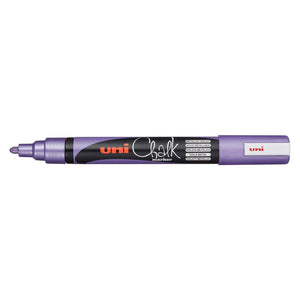 Uni Chalk PWE-5M liquid chalk marker with a metallic violet barrel and cap, bullet tip exposed, the barrel label printed Metallic Violet in several languages