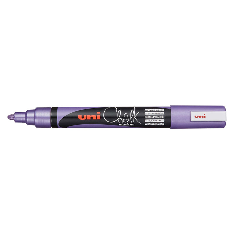 Uni Chalk PWE-5M liquid chalk marker with a metallic violet barrel and cap, bullet tip exposed, the barrel label printed Metallic Violet in several languages