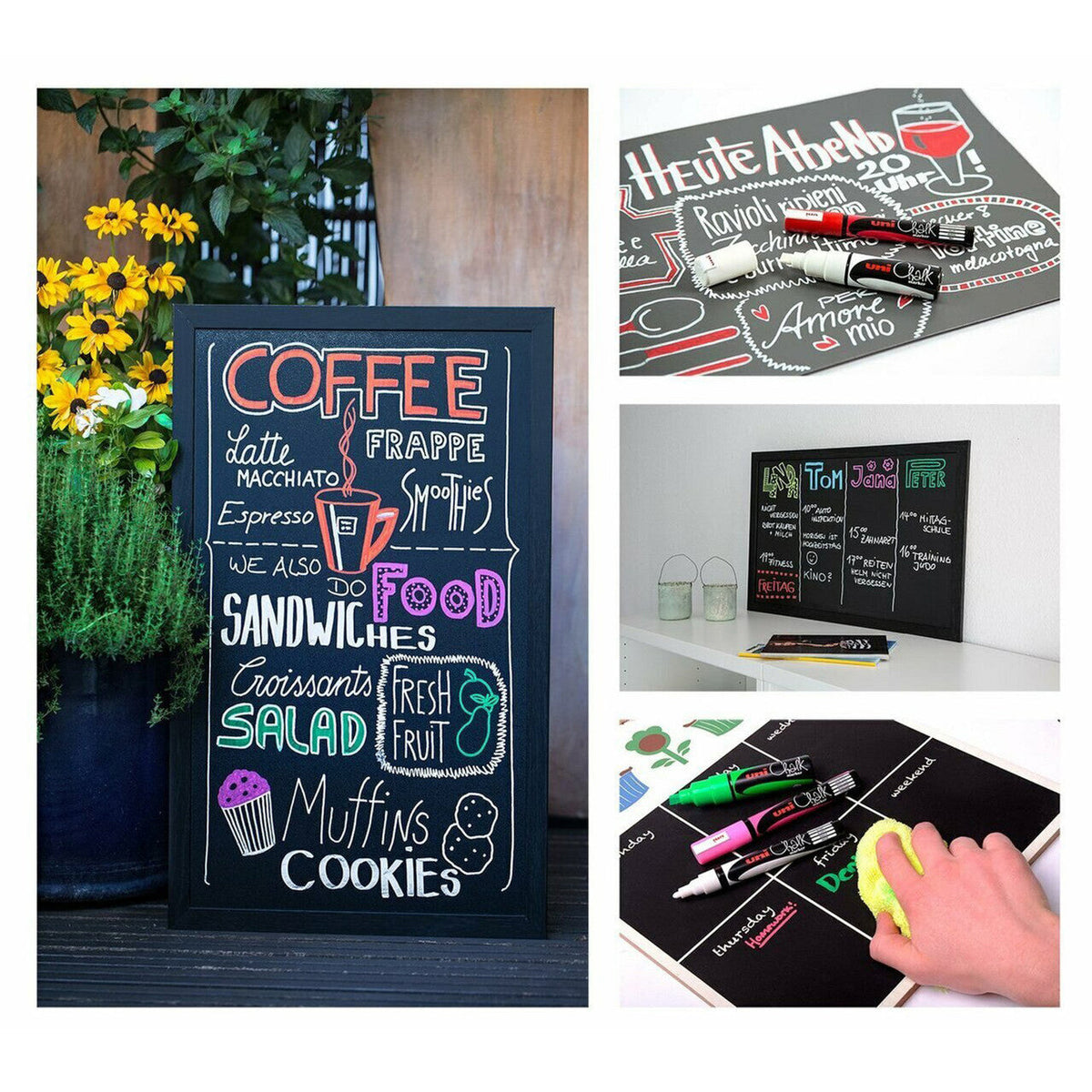 Lifestyle collage of uni Chalk markers in use: a cafe coffee and food chalkboard beside flowers, a hand lettered dinner menu, a weekly family planner board and a hand wiping a chalk planner with a sponge, shown as usage ideas for the metallic violet PWE-5M
