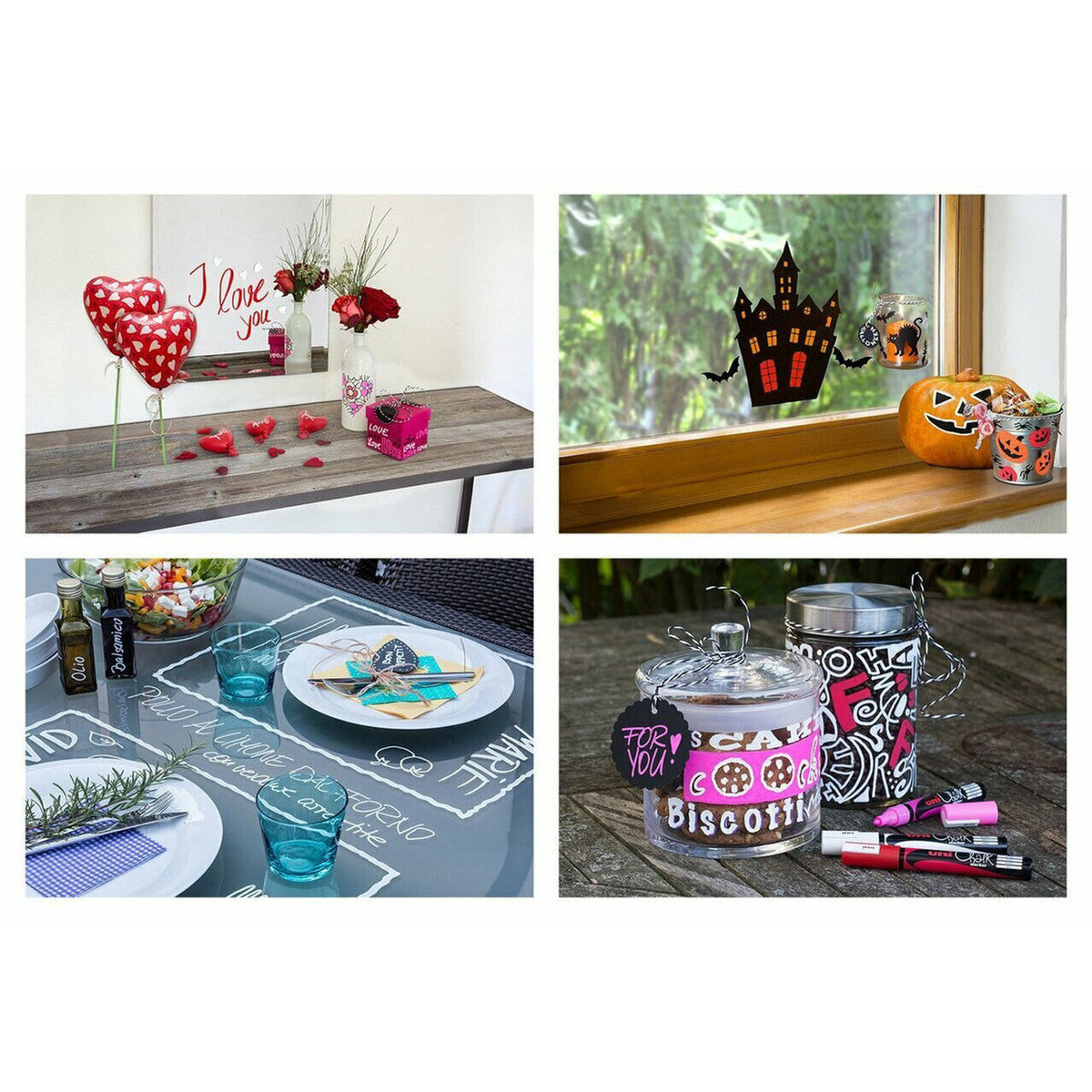 Four scenes written with uni Chalk markers: a red love message on a mirror, a Halloween house drawn on a window, place names on a glass table top and lettered glass biscuit jars, shown as usage ideas for the metallic violet PWE-5M