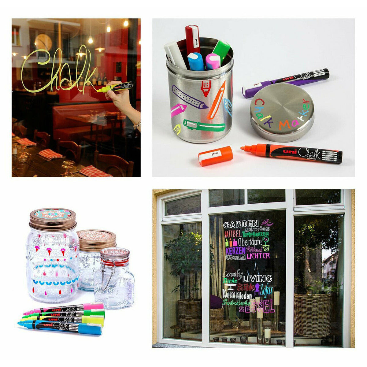 uni Chalk markers on glass and metal: yellow script on a restaurant window, a decorated steel canister, painted glass jars with fluorescent markers and a colourful lettered shop front window, shown as usage ideas for the metallic violet PWE-5M