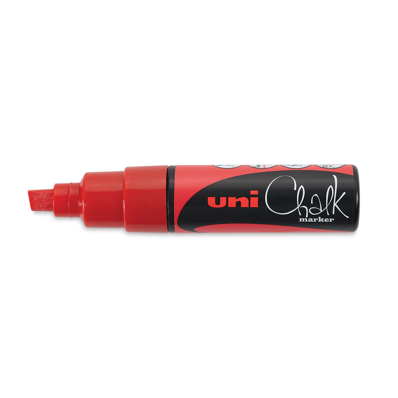 Uni PWE-8K liquid chalk marker in red, capped, showing the red chisel tip and red collar with the black uni Chalk marker label
