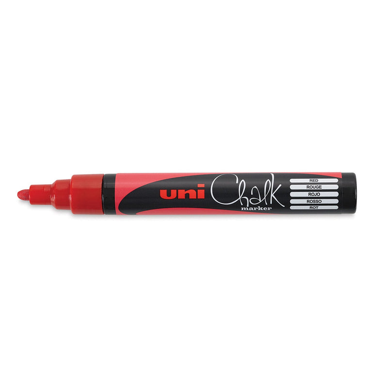 Uni Chalk PWE-5M liquid chalk marker in red, cap removed, red bullet tip and grip with a red stripe on the barrel and a label reading Red, Rouge, Rojo, Rosso and Rot