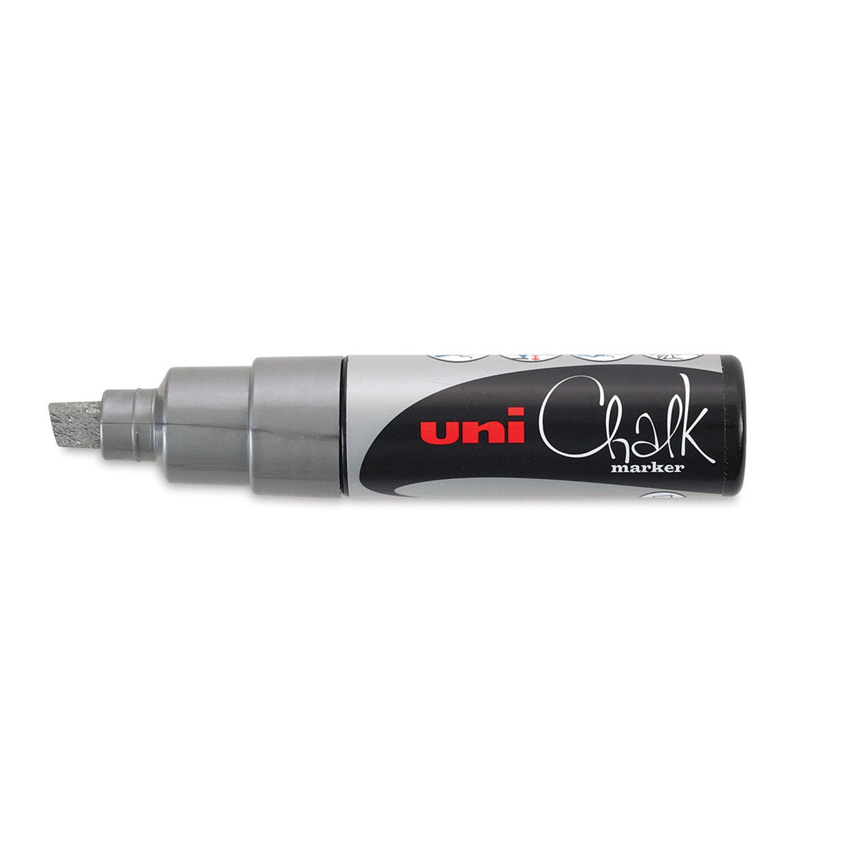 Uni PWE-8K liquid chalk marker in silver, capped, showing the silver chisel tip and collar and the black label printed uni Chalk marker