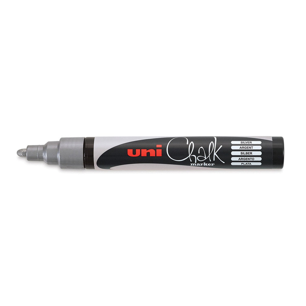 Uni Chalk PWE-5M chalk marker in silver, uncapped to show the silver bullet tip, black barrel with a label reading Silver, Argent, Silber, Argento and Plata
