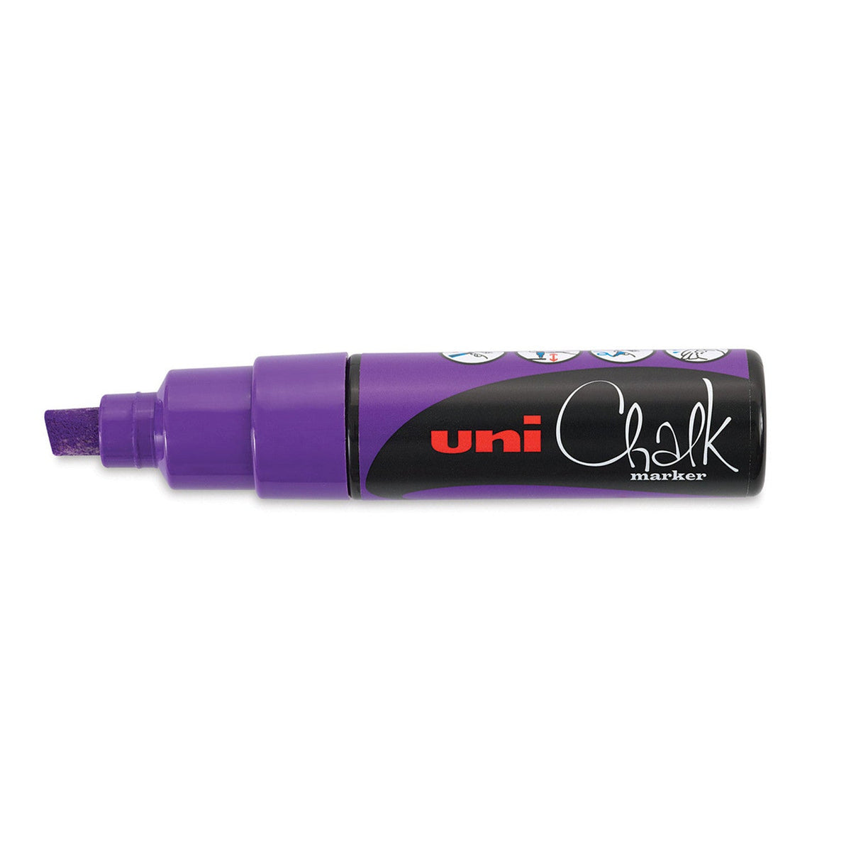 Uni PWE-8K liquid chalk marker in standard violet, capped, showing the violet chisel tip and collar and the black uni Chalk marker label