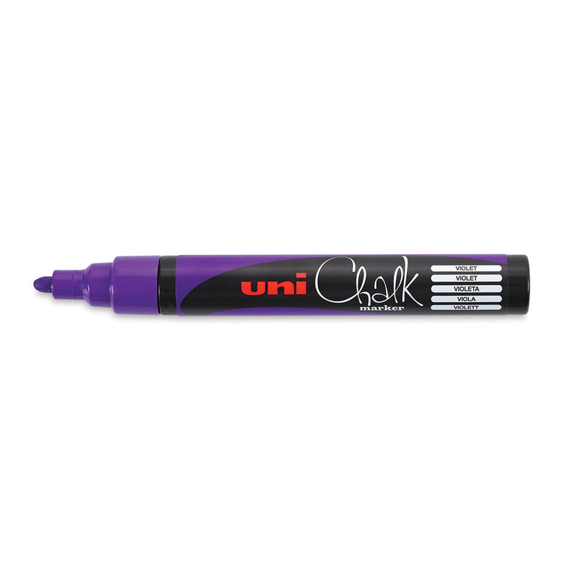Uni Chalk PWE-5M marker in violet with the cap off, showing a violet bullet tip and grip, and a barrel label printed Violet, Violeta, Viola and Violett
