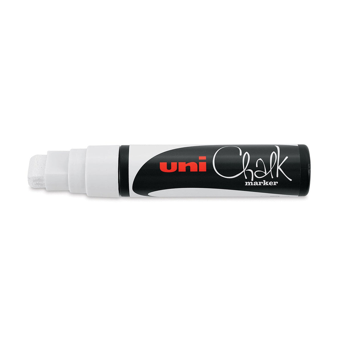 Uni PWE-17K liquid chalk marker in white, uncapped with the broad white chisel tip and white band showing on a black barrel with the uni Chalk logo
