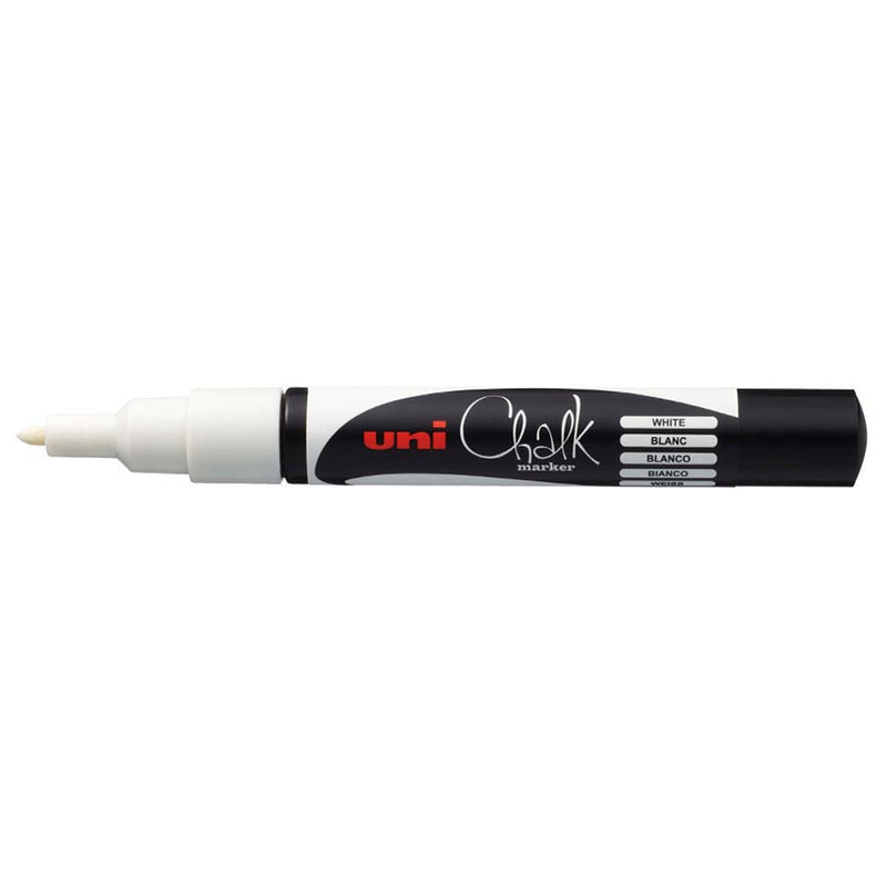Uni PWE-3MS liquid chalk marker in white, capped, showing the fine bullet tip and the white colour band