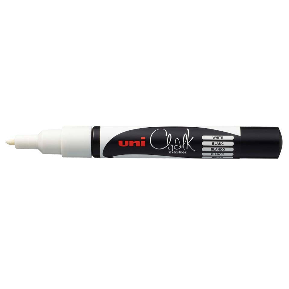 Uni PWE-3MS liquid chalk marker in white, capped, showing the fine bullet tip and the white colour band