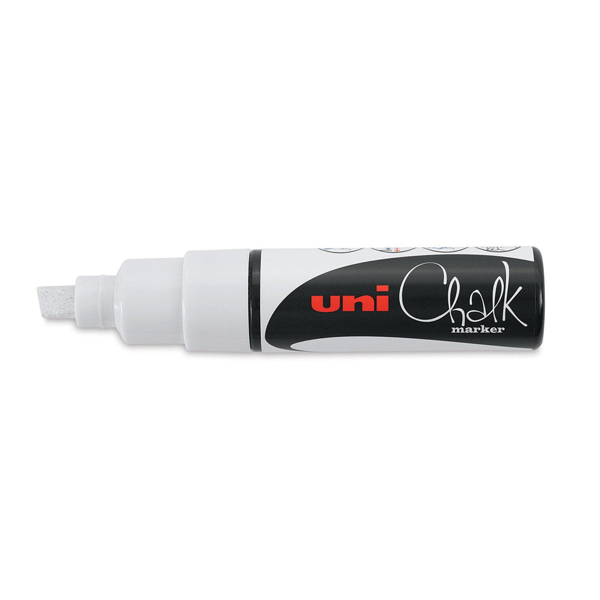Uni PWE-8K liquid chalk marker in white, capped, showing the white chisel tip, a white collar and the black uni Chalk marker label on the barrel