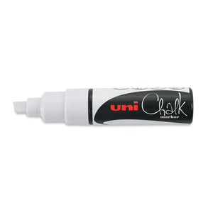 Uni PWE-8K liquid chalk marker in white, capped, showing the white chisel tip, a white collar and the black uni Chalk marker label on the barrel