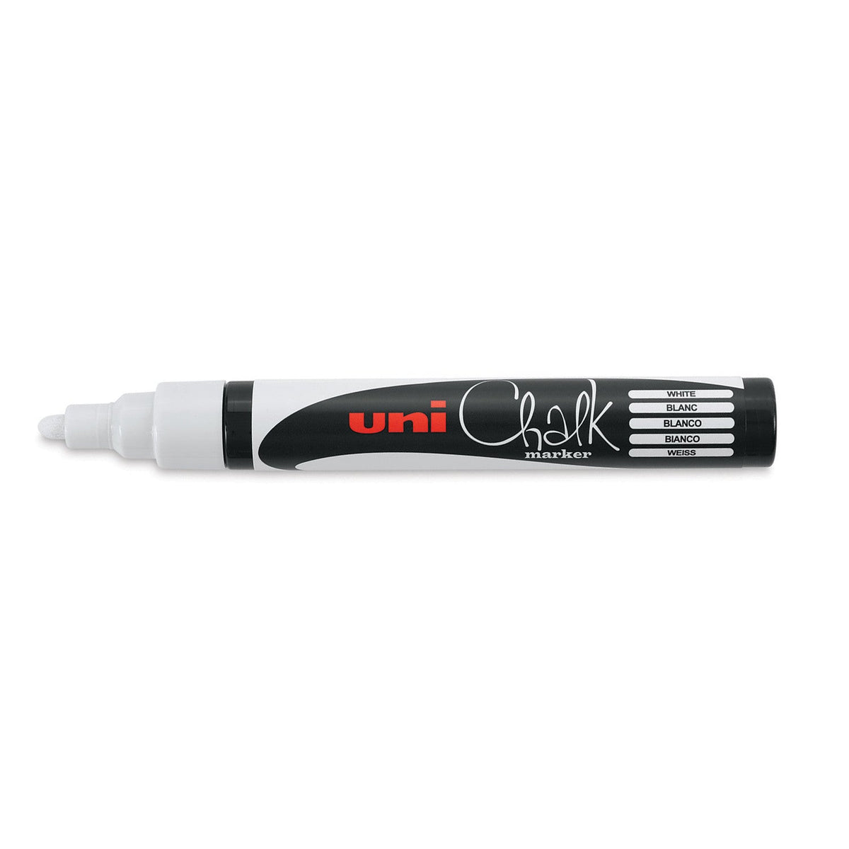 White Uni Chalk PWE-5M liquid chalk marker, uncapped to show the white bullet tip, black barrel carrying a label that reads White, Blanc, Blanco, Bianco and Weiss