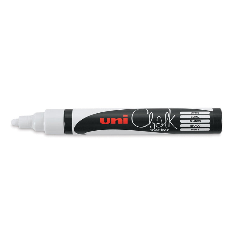 White Uni Chalk PWE-5M liquid chalk marker, uncapped to show the white bullet tip, black barrel carrying a label that reads White, Blanc, Blanco, Bianco and Weiss