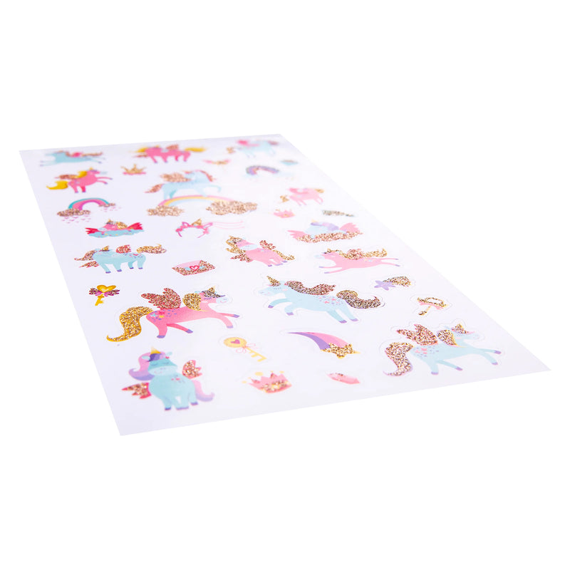 Angled product view highlighting the glitter texture and shimmering finish of the unicorn sticker collection. Various unicorn characters, crowns and magical symbols are arranged across the sticker sheet.