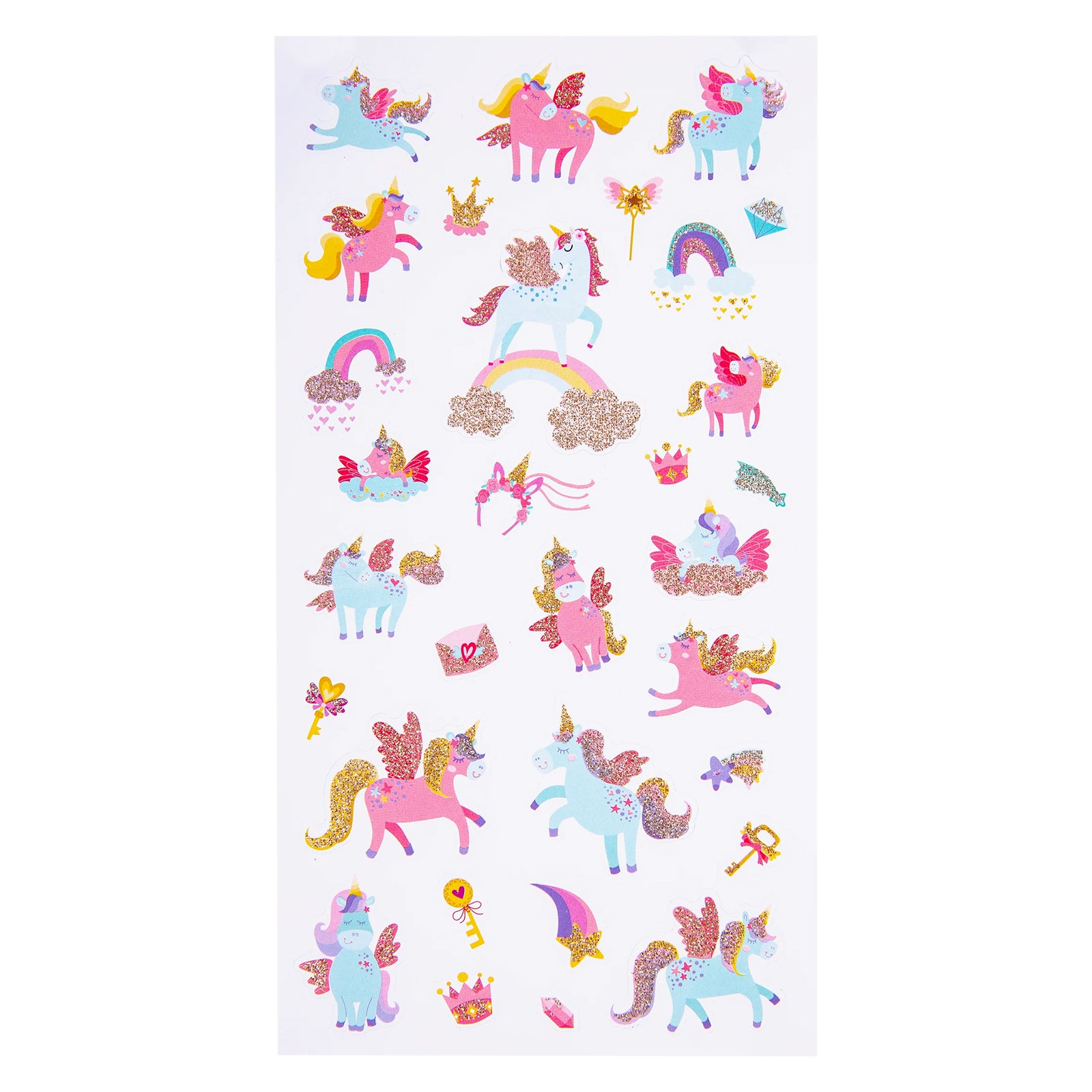 Full sticker sheet displaying all 31 Unicorn Dreams glitter stickers including unicorns, rainbows, stars, crowns, magic wands and fantasy themed accessories in pastel colours.